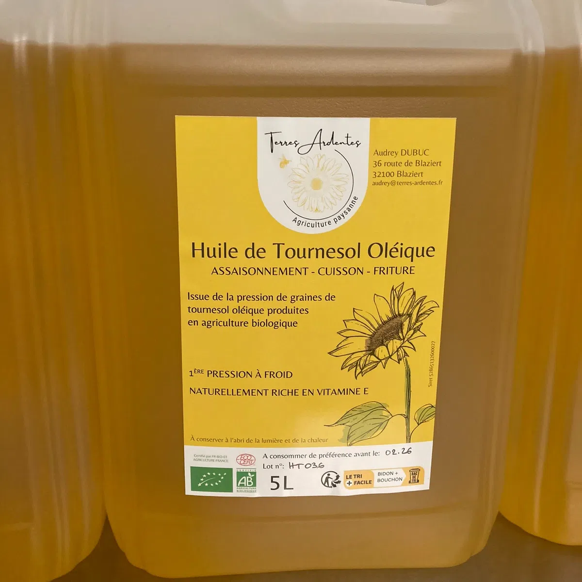 Terres Ardentes Huile de Tournesol Oléique 5L – Huiles – Martigane